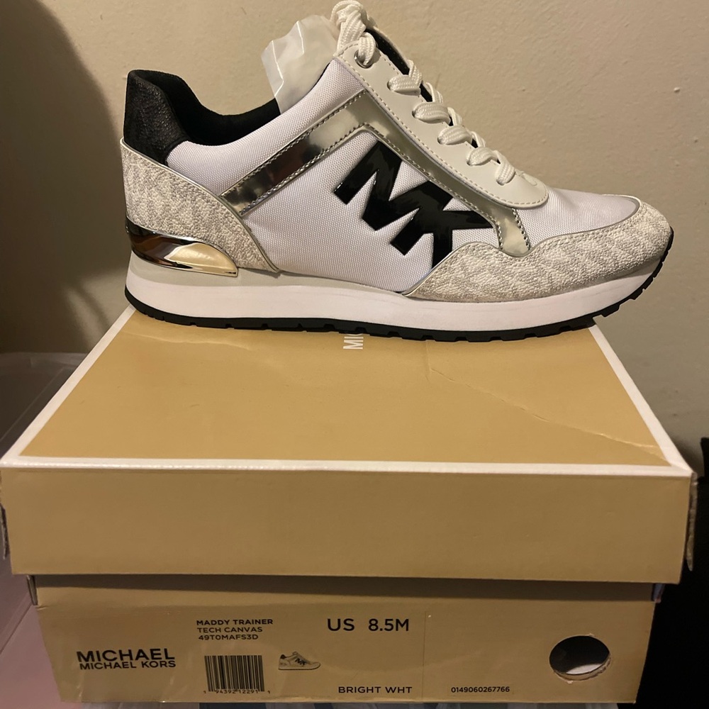 Michael Kors White, Black & Silver Maddy Trainer Sneaker